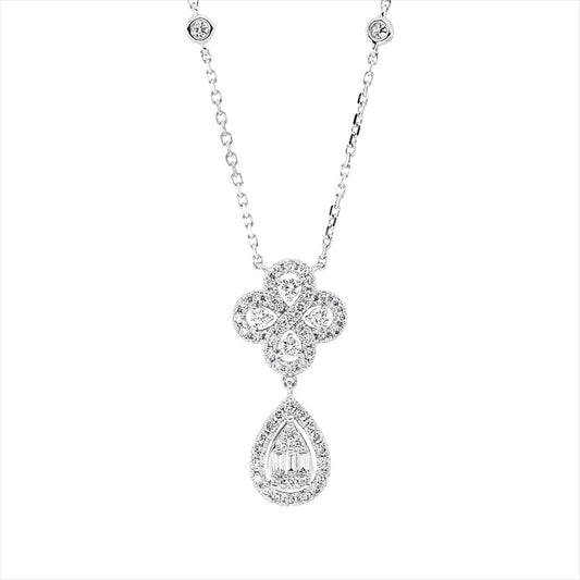 Collier 18 kt WG, mit ZÖ 40 cm + 43 cm, 3 Bag. 0,08 ct, F-vsi/si, 61 Brill. 0,64 ct, TW-si