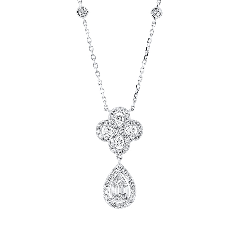 Collier 18 kt WG, mit ZÖ 40 cm + 43 cm, 3 Bag. 0,08 ct, F-vsi/si, 61 Brill. 0,64 ct, TW-si