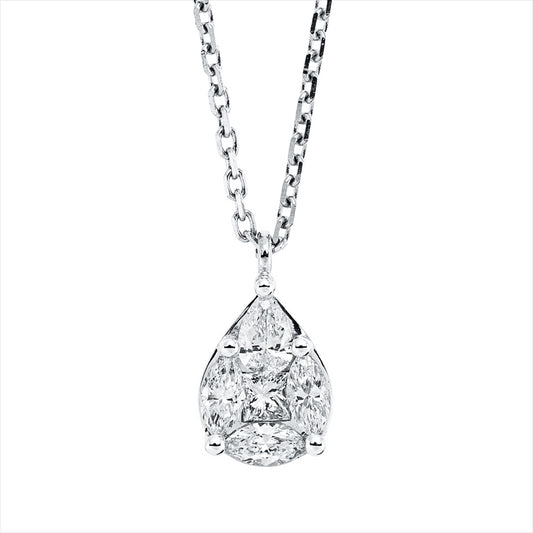 Collier 18 kt WG, mit ZÖ 40 cm + 43 cm, 1 Princ. 0,07 ct, 1 Tropfen 0,15 ct, 3 Nav. 0,28 ct, F-vsi/si