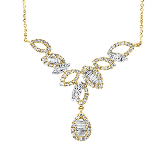 Collier 18 kt GG, Fassung rhodiniert, mit ZÖ 40, 14 Bag. 0,31 ct, F-vsi/si, 102 Brill. 0,95 ct, TW-si