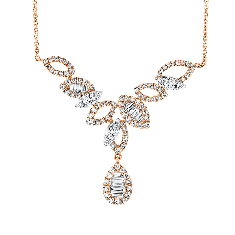 Collier 18 kt RG, mit ZÖ 40,43 cm,Fassung rh, 14 Bag. 0,31 ct, F-vsi/si, 102 Brill. 0,91 ct, TW-si