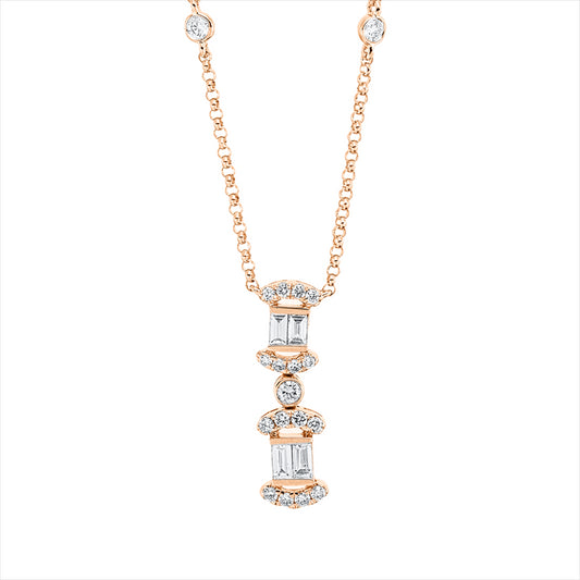 Collier 18 kt RG, mit ZÖ 40 cm + 43 cm, 4 Bag. 0,23 ct, F-vsi, 21 Brill. 0,23 ct, TW-si