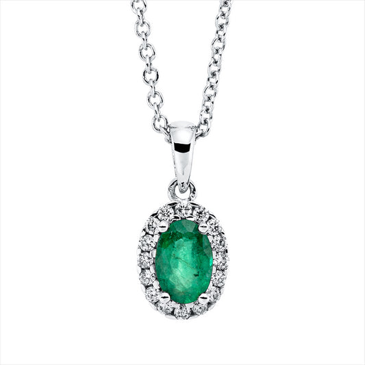 Collier 18 kt WG, mit ZÖ 40 cm, 16 Brill. 0,12 ct, TW-si, 1 Smaragd 0,47 ct grün