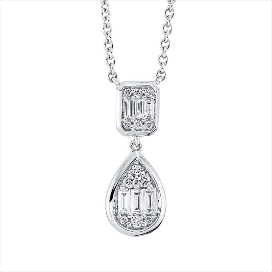 Collier 14 kt WG, mit ZÖ 40 cm + 43 cm, 6 Bag. 0,15 ct, F-vsi/si, 12 Brill. 0,07 ct, TW-pi