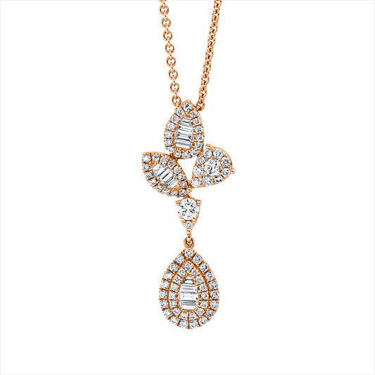 Collier 18 kt RG, mit ZÖ 40 cm + 43 cm, 11 Bag. 0,18 ct, F-vsi, 75 Brill. 0,50 ct, TW-si