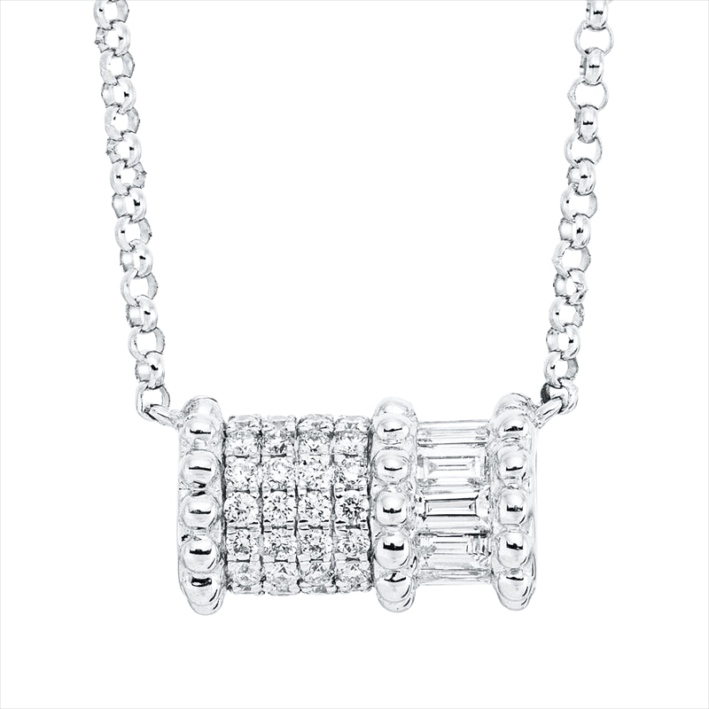 Collier 18 kt WG, mit ZÖ 40 cm, 43 cm, 8 Bag. 0,17 ct, F-vsi/si, 36 Brill. 0,13 ct, TW-si