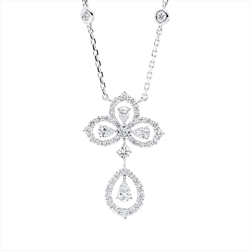 Collier 18 kt WG, mit ZÖ 40 cm, 43 cm, 10 Brill. 0,35 ct, 39 Brill. 0,52 ct, si, 4 Tropfen 0,40 ct, F-vsi/si