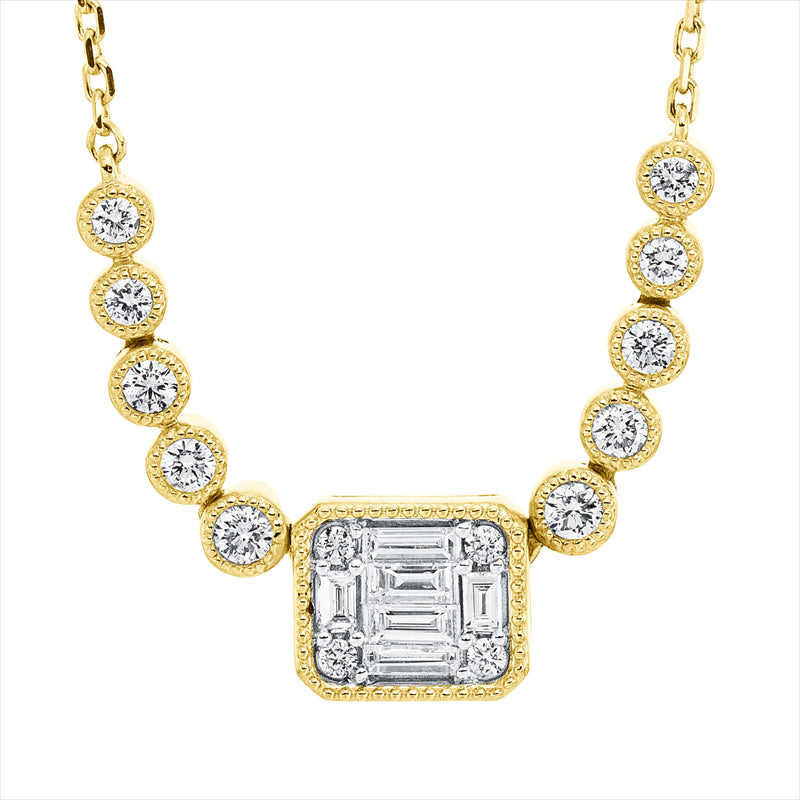 Collier 14 kt GG, Fassung rhodiniert, 6 Bag. 0,21 ct, F-vsi/si, 14 Brill. 0,28 ct, TW-pi