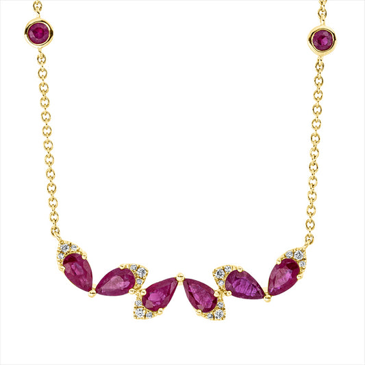 Collier 18 kt GG, mit ZÖ 40+43 cm, 18 Brill. 0,07 ct, F-vsi/si, 4 Rubine 0,28 ct rot, 6 Rubine 1,25 ct rot