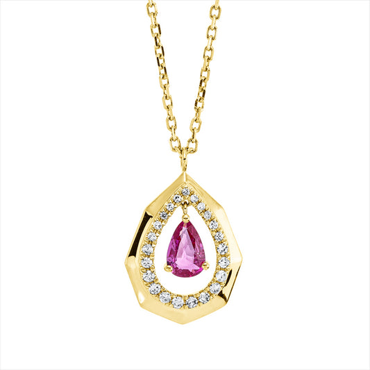 Collier 14 kt GG, mit ZÖ 40 cm + 43 cm, 16 Dia. 0,12 ct, TW-pi, 7 Dia. 0,03 ct, TW-pi, 1 Saphir 0,46 ct pink