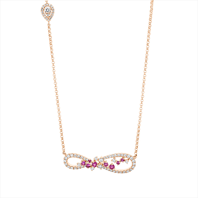 Collier 18 kt RG, mit ZÖ 40 cm, 43 cm, 23 Brill. 0,27 ct, 41 Brill. 0,18 ct-vsi/si, 8 Saphire 0,22 ct pink