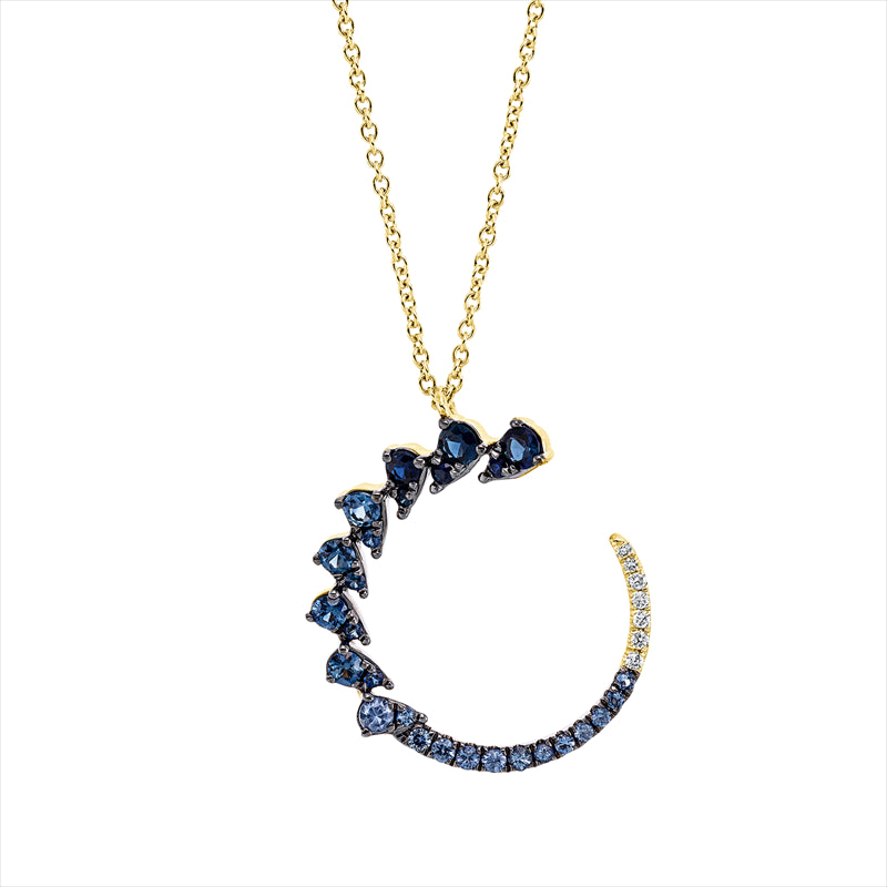 Collier 18 kt GG, Fassung teils schwarz rhodinie, 7 Brill. 0,04 ct, TW-si, 27 Saphire 0,71 ct blau