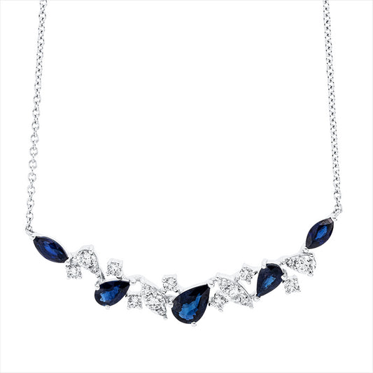 Collier 18 kt WG, mit ZÖ 40 cm, 43 cm, 13 Brill. 0,21 ct, 2 Brill. 0,10 ct,  TW-si, 5 Saphire 1,26 ct blau