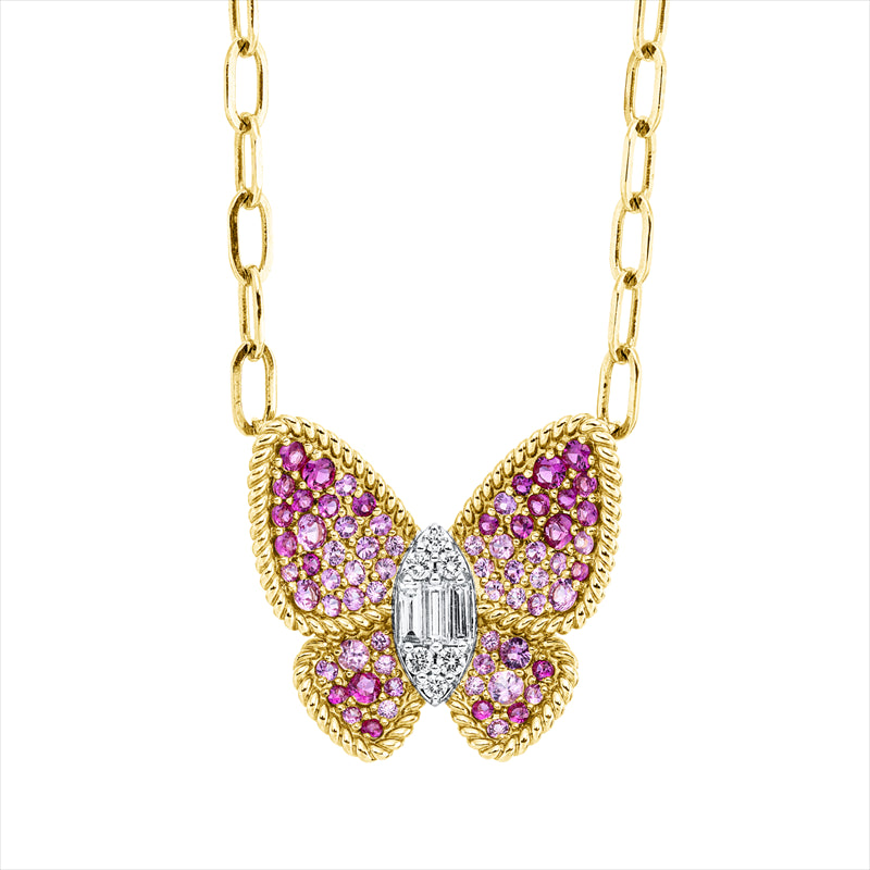 Collier 18 kt GG, Fassung rhodiniert, 3 Bag. 0,15 ct, F-vsi/si, 6 Brill. 0,10 ct, TW-si, 68 Saphire 1,28 ct pink