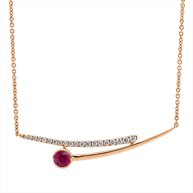 Collier 18 kt RG, mit ZÖ 40 cm + 43 cm, 9 Brill. 0,12 ct, TW-si, 11 Brill. 0,07 ct, TW-si, 1 Rubin 0,32 ct rot