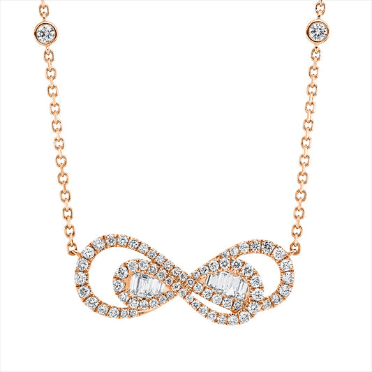 Collier 18 kt RG, mit ZÖ 40 cm, 43 cm, 40 Brill. 0,54 ct, 31 Brill. 0,16 ct, TW-si, 8 Bag. 0,21 ct, F-vsi/si