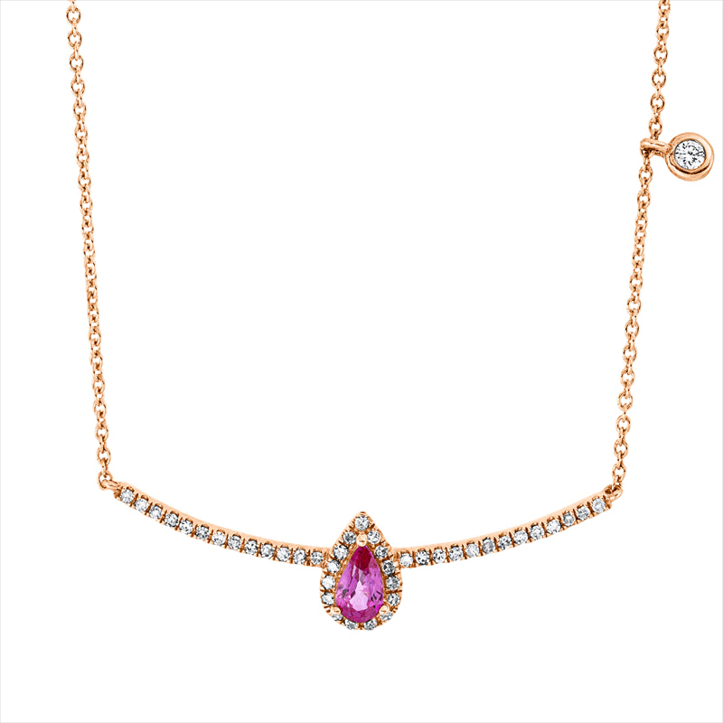 Collier 14 kt RG, mit ZÖ 40+43 cm, 41 Dia. 0,12 ct, TW-pi, 1 Brill. 0,02 ct, TW-pi, 1 Rubin 0,23 ct rot