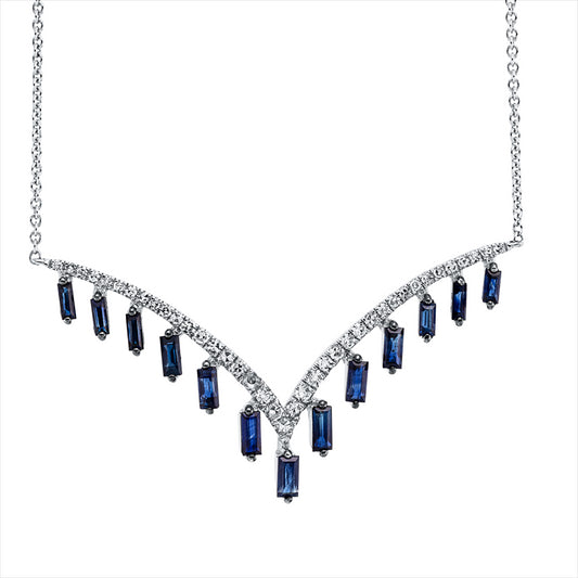 Collier 14 kt WG, Fassung teils schwarz rhodinie, 39 Dia. 0,17 ct, TW-pi, 13 Saphire 0,67 ct blau