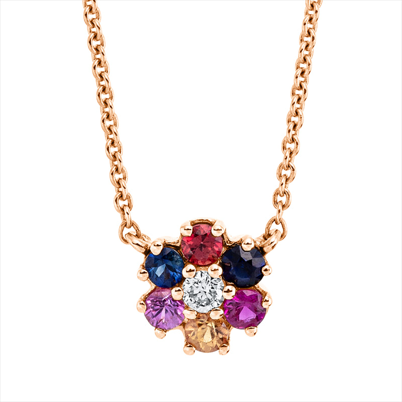 Collier 14 kt RG, mit ZÖ 40 cm + 43 cm, 1 Brill. 0,03 ct, TW-pi, 6 Saphire 0,22 ct fancy