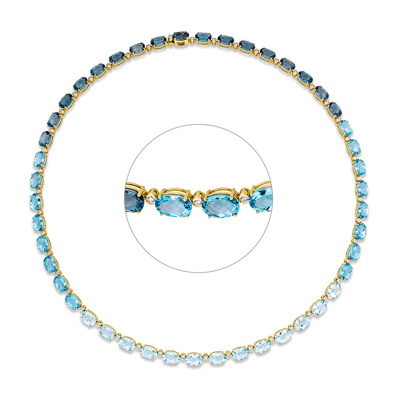 Collier 18 kt GG, 46 Brill. 0,79 ct, TW-si, 16 Topase 15,00 ct Swiss blue, 13 Topase 12,20 ct sky blue, 17 Topase 14,80 ct Lond. blue