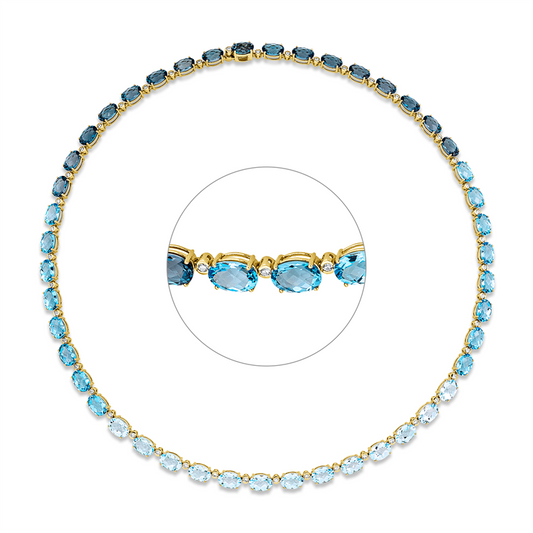 Collier 18 kt GG, 46 Brill. 0,79 ct, TW-si, 16 Topase 15,00 ct Swiss blue, 13 Topase 12,20 ct sky blue, 17 Topase 14,80 ct Lond. blue