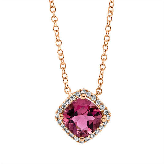 Collier 18 kt RG, mit ZÖ 40 cm, 24 Brill. 0,10 ct, TW-si, 1 Turmalin 0,80 ct pink