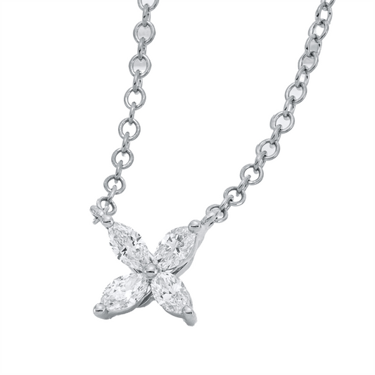 Collier 18 kt WG, mit ZÖ 42 cm, 4 Nav. 0,21 ct, TW-vsi/si