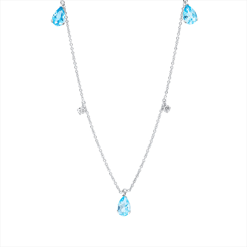 Collier 18 kt WG, mit ZÖ 42 cm, 2 Brill. 0,09 ct, TW-si, 3 Topase 1,38 ct Swiss blue