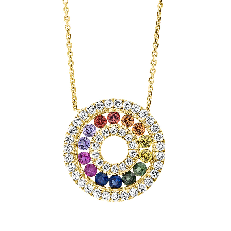 Collier 18 kt GG, mit ZÖ 40 cm + 42 cm, 45 Brill. 0,33 ct, TW-si, 14 Farbsteine 0,70 ct multicolor