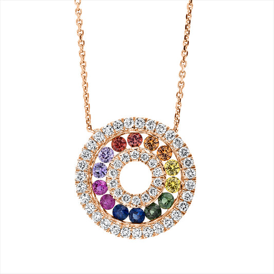 Collier 18 kt RG, mit ZÖ 40 cm + 42 cm, 45 Brill. 0,32 ct, TW-si, 14 Saphire 0,70 ct multicolor