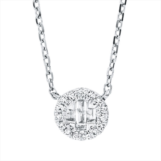 Collier 18 kt WG, mit ZÖ 40 cm + 42 cm, 3 Bag. 0,05 ct, TW-si, 15 Dia. 0,04 ct, TW-si