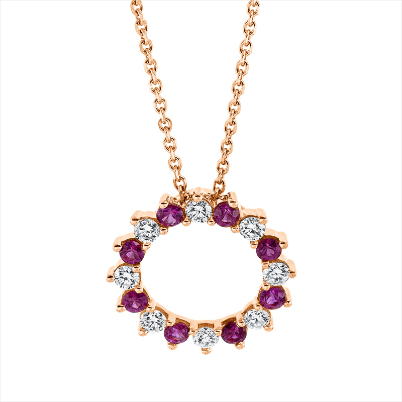 Collier 18 kt RG, mit ZÖ 40 cm + 42 cm, 8 Brill. 0,15 ct, TW-si, 8 Rubine 0,20 ct rot