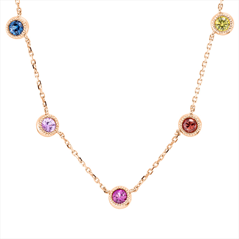 Collier 18 kt RG, mit ZÖ, 2 Tsavorith 0,33 ct grün, 4 Saphire 0,82 ct multicolor, 1 Rubin 0,20 ct rot