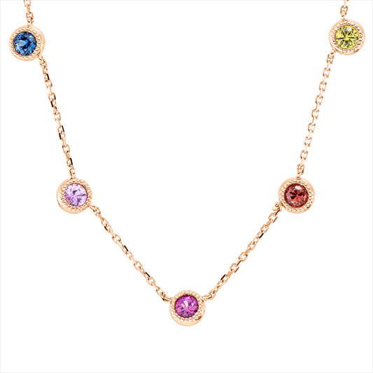 Collier 18 kt RG, mit ZÖ, 2 Tsavorith 0,33 ct grün, 4 Saphire 0,82 ct multicolor, 1 Rubin 0,20 ct rot