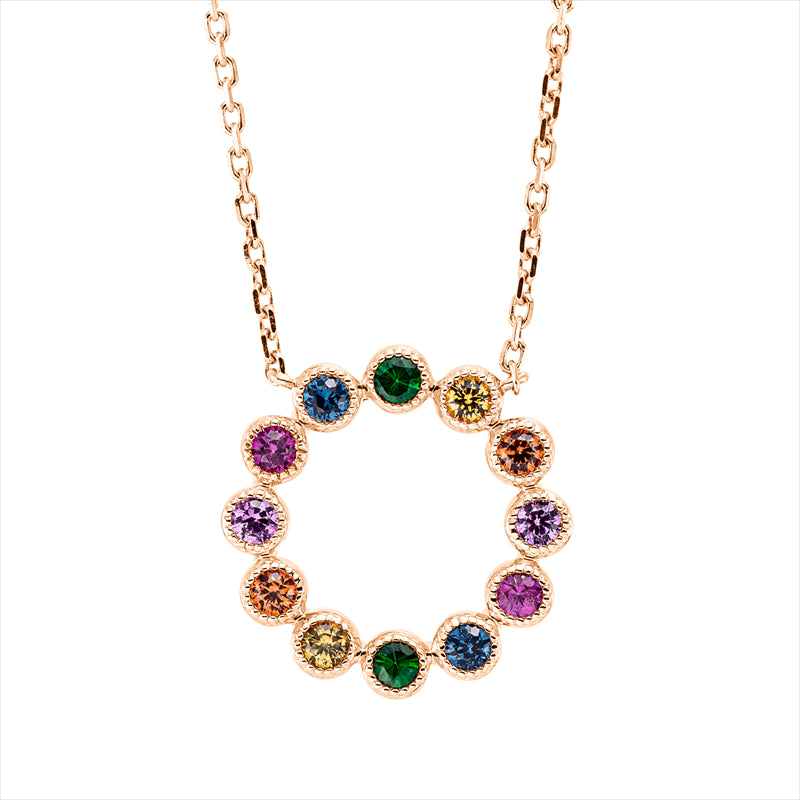 Collier 18 kt RG, mit ZÖ, 2 Rubine 0,10 ct rot, 8 Saphire 0,43 ct multicolor, 2 Tsavorith 0,11 ct grün