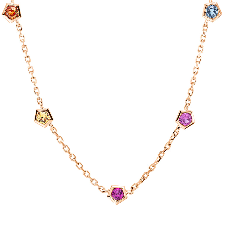 Collier 18 kt RG, mit ZÖ , 2 Rubine 0,15 ct rot, 6 Saphire 0,46 ct multicolor, 1 Tsavorith 0,07 ct grün