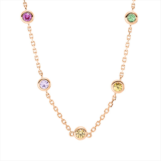 Collier 18 kt RG, mit ZÖ 40 cm + 43 cm, 9 Saphire 0,70 ct multicolor, 2 Tsavorith 0,14 ct grün