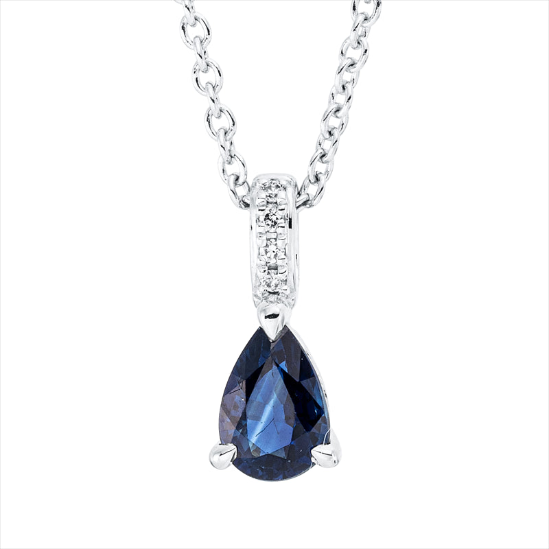 Collier 18 kt WG, mit ZÖ 42 cm, 4 Brill. 0,01 ct, TW-si, 1 Saphir 0,56 ct blau