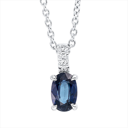 Collier 18 kt WG, mit ZÖ 42 cm, 4 Brill. 0,02 ct, TW-si, 1 Saphir 0,56 ct blau