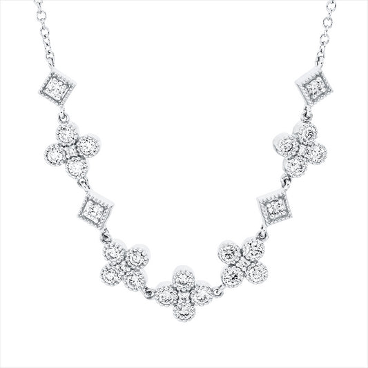 Collier 18 kt WG, mit ZÖ 42 cm, 20 Brill. 0,52 ct, TW-si, 4 Brill. 0,12 ct, TW-si, 5 Brill. 0,03 ct, TW-si