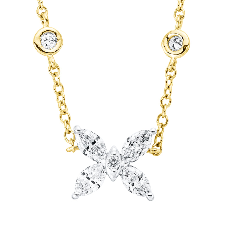 Collier 18 kt GG, Fassung rhodiniert, 4 Nav. 0,35 ct, TW-si, 3 Brill. 0,04 ct, TW-si