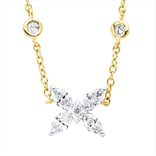 Collier 18 kt GG, Fassung rhodiniert, 4 Nav. 0,35 ct, TW-si, 3 Brill. 0,04 ct, TW-si