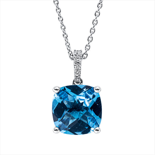 Collier 18 kt WG, mit Öse, 3 Brill. 0,05 ct, TW-si, 2 Brill. 0,01 ct, TW-si, 1 Topas 4,18 ct blau