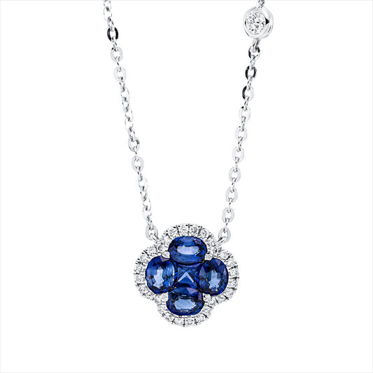 Collier 18 kt WG, 29 Brill. 0,13 ct, TW-si, 1 Saphir 0,12 ct blau, 4 Saphire 0,82 ct blau