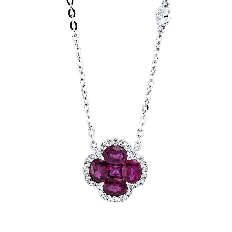Collier 18 kt WG, 29 Brill. 0,13 ct, TW-si, 1 Rubin 0,09 ct rot, 4 Rubine 0,84 ct rot