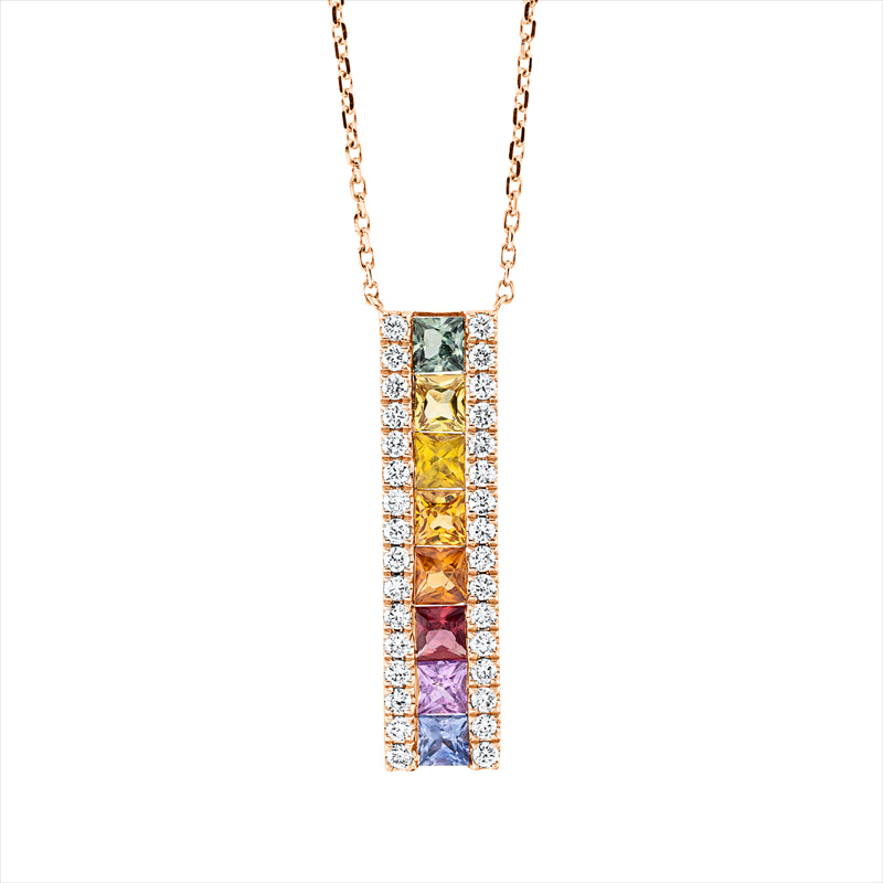 Collier 18 kt RG, mit ZÖ 40 cm, 32 Brill. 0,20 ct, TW-si, 8 Saphire 0,85 ct fancy