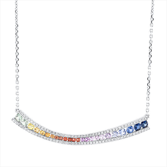 Collier 18 kt WG, mit ZÖ 43 cm + 40,6 cm, 92 Brill. 0,48 ct, TW-vsi/si, 24 Saphire 1,49 ct multicolor