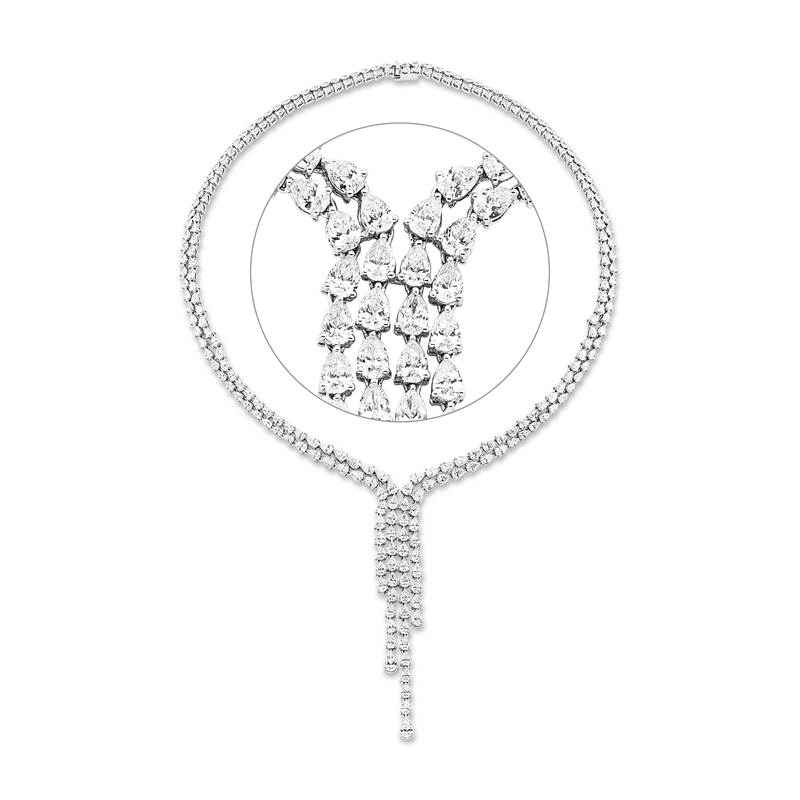Collier 18 kt WG, 64 Tropfen 9,23ct, 2 Tropfen 0,35ct, 2 Tropfen 0,60ct, 184 Tropfen 10,98ct, TW-si