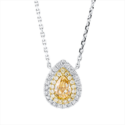 Collier 18 kt WG+GG, 23 Brill. 0,27 ct, TW-si, 1 Tropfen 0,83 ct, gelb, 17 Brill. 0,17 ct, gelb