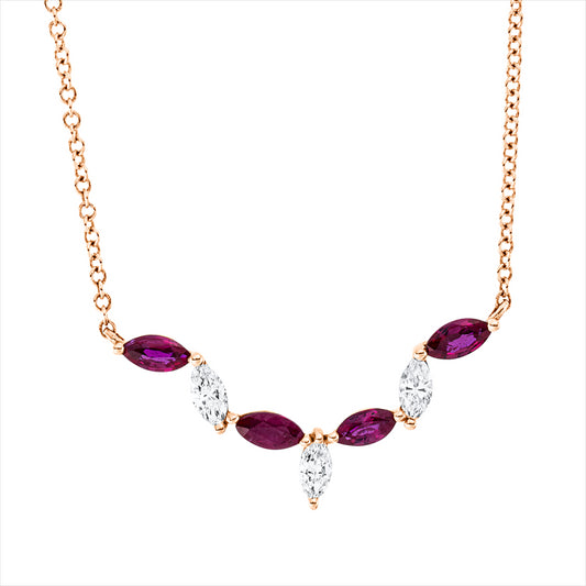 Collier 14 kt RG, mit ZÖ 40 cm + 43 cm, 3 Nav. 0,21 ct, TW-vsi, 4 Rubine 0,44 ct rot